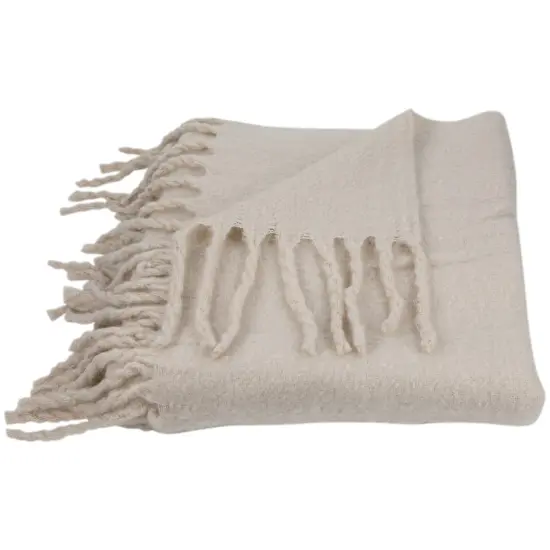 Northlight Cream Brushed Woven Throw Blanket with Fringe 50" x 60" Ivory {5}