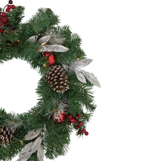 Northlight Pre-Lit Battery Operated Frosted Pine Cone and Berries Christmas Wreath - 24" - White LED Lights Green {5}