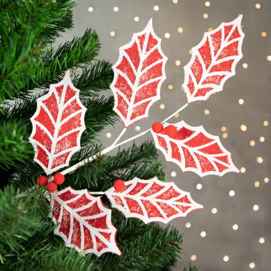 Northlight 26" Red and White Frosted Holly Christmas Spray {3}