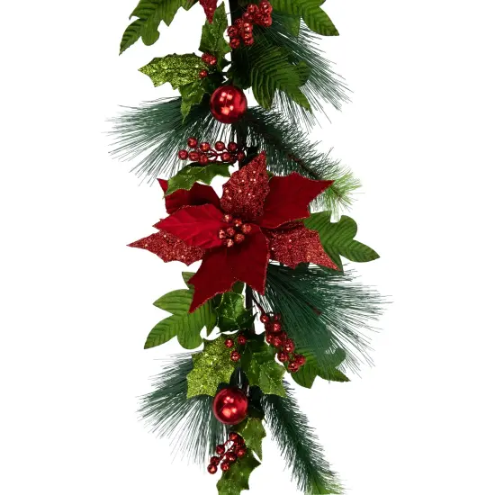 Northlight 48" Glittered Red Poinsettia and Long Pine Christmas Swag, Unlit {5}