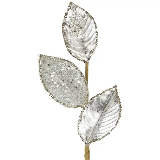 Northlight 28" Platinum Silver and Icy Glitter Leaves Christmas Spray {5}