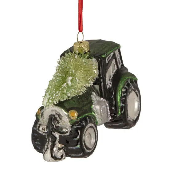 Northlight Tractor with Tree Glass Christmas Ornament - 4" - Green {4}