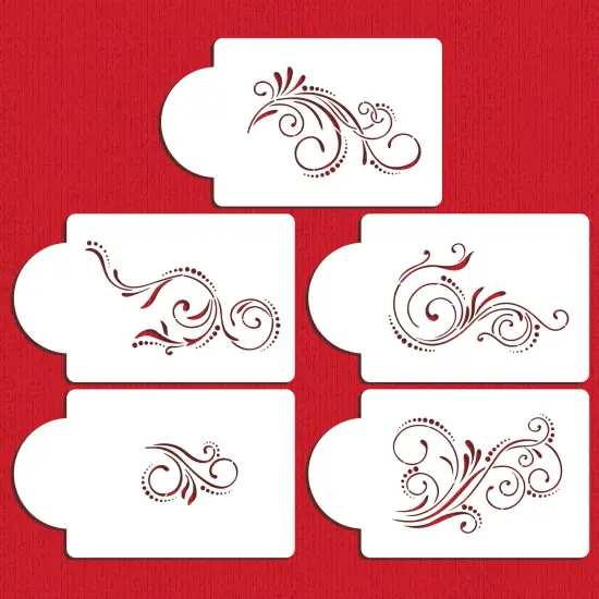 Five Scroll Cake Stencil Set | C480 by Designer Stencils | Cake Decorating Tools | Baking Stencils for Royal Icing, Airbrush, Dusting Powder | Reusable Plastic Food Grade Stencil for Cakes | Easy to Use & Clean Cake Stencil {1}