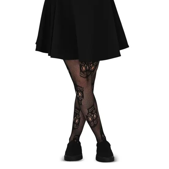 Black Fishnet Skull Tights - Gothic Day of the Dead Halloween Fish Net Pantyhose with Ripped Skeleton Sugar Skulls Stockings {1}