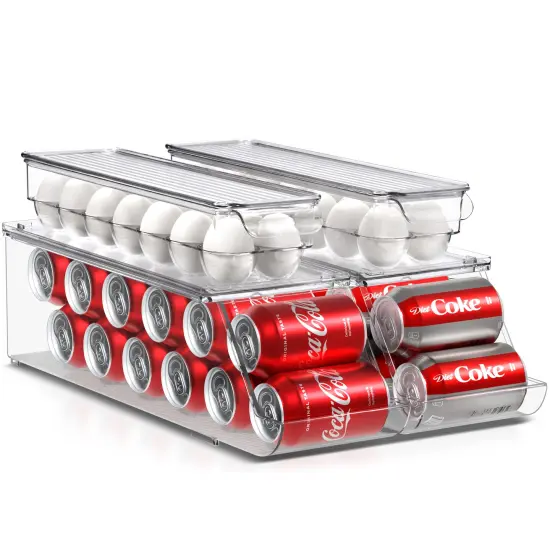 Sorbus Soda Can Organizer for Refrigerator & Egg Holder for Fridge Set - 2 Stackable Can Holder Dispenser Holds 12 Cans Each & 2 Egg Holders with Lid holds 14 eggs for Fridge, Pantry, Freezer, BPA-Free {1}