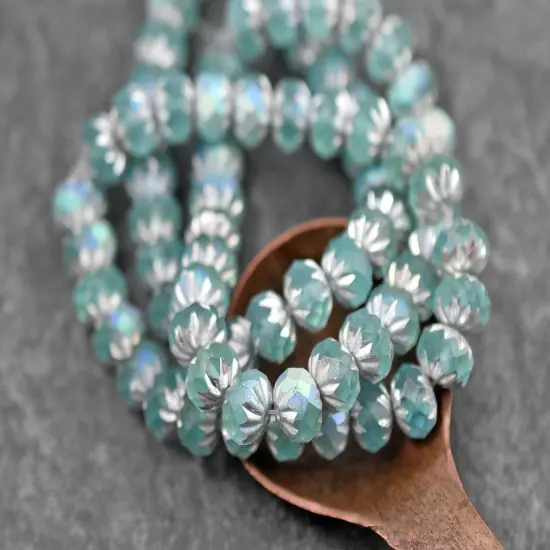 *25* 6x9mm Silver Washed Matte Blue Teal AB Fire Polished Cruller Rondelle Beads {1}