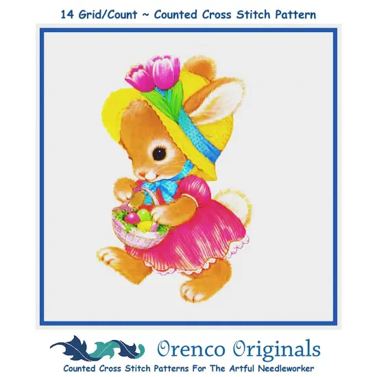 Contemporary Easter Bunny Pink Dress Basket of Eggs Counted Cross Stitch Pattern {1}