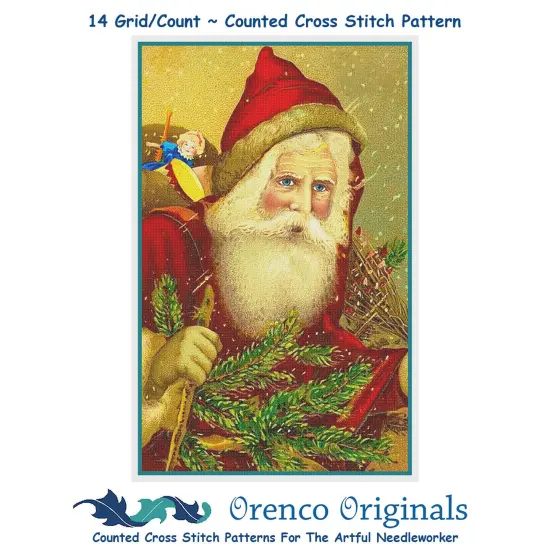 Victorian Father Christmas Santa In a Red Cape, Hat and Tree Counted Cross Stitch Pattern {1}