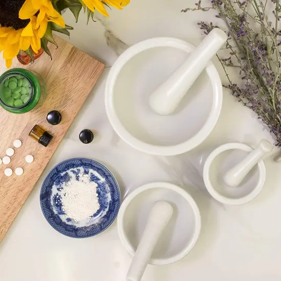 HIC Mortar and Pestle Spice Herb Grinder Pill Crusher Set, Fine-Quality Porcelain, Set of 3 {6}