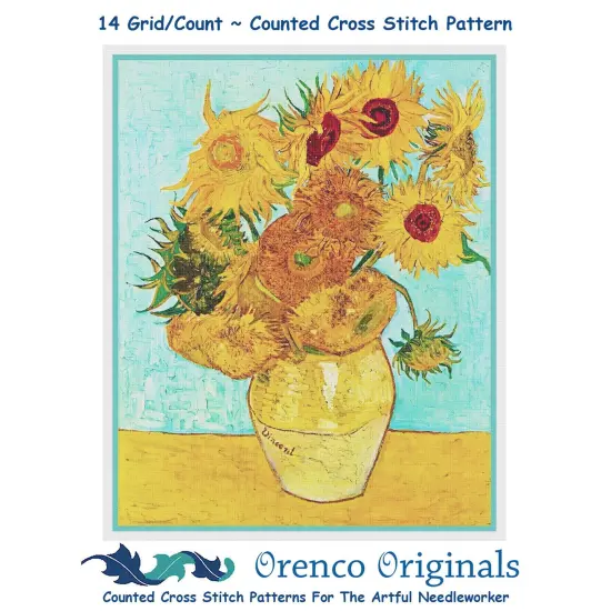 Vase of Sunflowers Teal Background by Vincent Van Gogh Counted Cross Stitch Pattern {1}