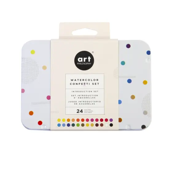 Art Philosophy Watercolor Confetti Set - 24 Watercolor Pans + Waterbrush + Sponge + Mixing Tray Inside Tin Case 655350642440 {1}