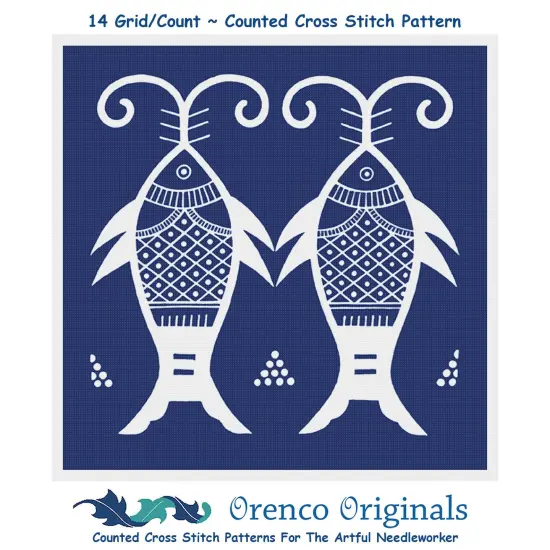 Asian Indigo 2 Fish Folk Art Design *2 DMC Colors* Counted Cross Stitch Pattern {1}