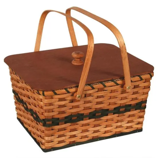 Amish-Made Hand-Woven Picnic Basket Natural Light Stain with Blue Stripe {1}