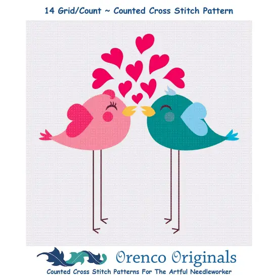 Contemporary Valentine Hearts Pink and Blue Long Leg Love Birds Sew So Simple Counted Cross Stitch Pattern {1}
