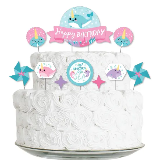 Big Dot of Happiness Narwhal Girl - Under The Sea Birthday Party Cake Decorating Kit - Happy Birthday Cake Topper Set - 11 Pieces {1}