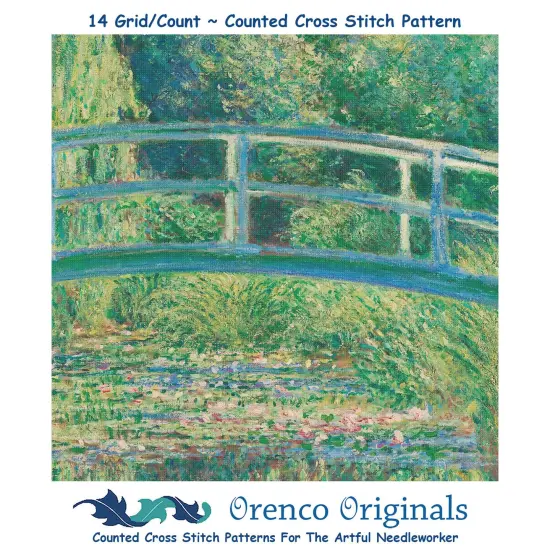 Bridge on Water Lily Pond inspired by Claude Monet's Impressionist painting Counted Cross Stitch Pattern {1}