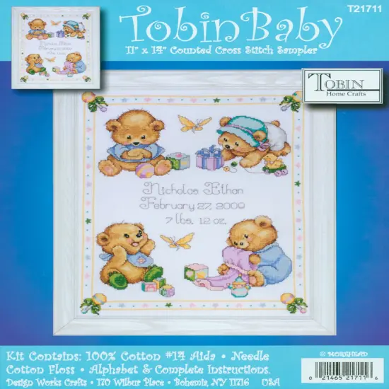 Tobin Counted Cross Stitch Kit 11"x14"-Baby Bears Birth Record {1}
