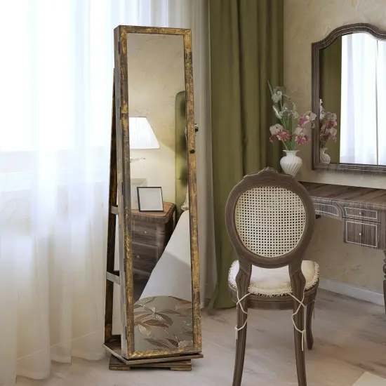 360&deg; Rotatable Armoire 2-in-1 Lockable Mirrored Jewelry Cabinet Rustic Brown {3}