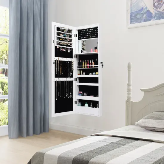 Lockable Wall Door Mounted Mirror Jewelry Cabinet with LED Lights White {6}