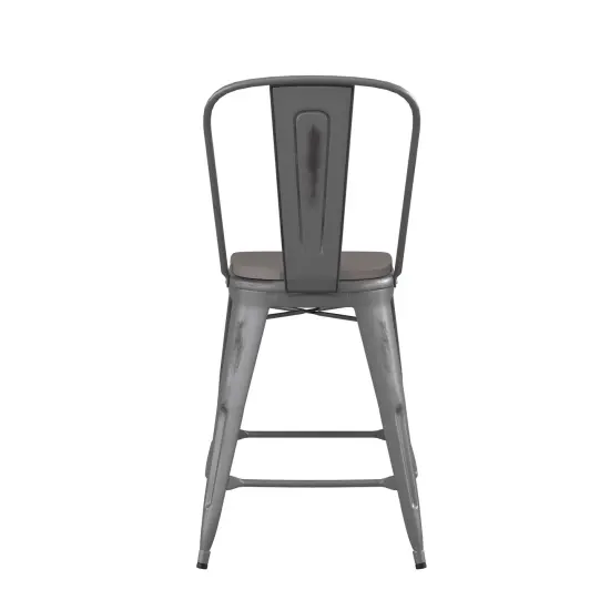 Emma and Oliver Grant Clear Coated Metal Stool with Backrest and Polyresin Seat for Indoor Use Only Clear Coated/Gray {4}
