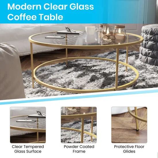 Merrick Lane Newbury Glass Coffee Table with Round Matte Gold Frame and Vertical Legs Clear/Matte Black {7}
