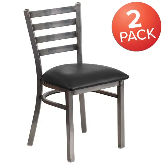 Emma and Oliver 2 Pack Clear Coated Ladder Back Metal Restaurant Chair BlackVYL/ClearCoated {5}