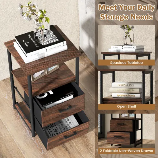 3-Tier Retro Nightstand with 2 Removable Fabric Drawers and Open Shelf {6}