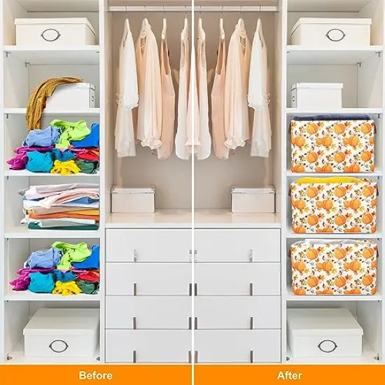 Pumpkin Fall Storage Bin Basket Collapsible with Leather Handles Waterproof Canvas Storage Cube Box for Closet Toys Clothes Thanksgiving Room Decor Gift Basket {5}