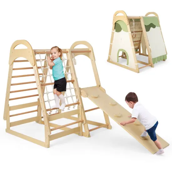 6-in-1 Wooden Kids Jungle Gym Playset with Slide Climbing Net-Natural {2}