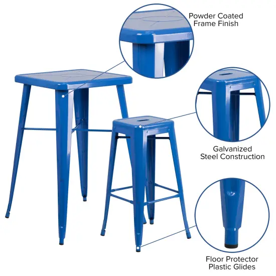 Emma and Oliver Commercial Grade 23.75" Square Metal Indoor-Outdoor Bar Set & 2 Backless Stools Blue {2}