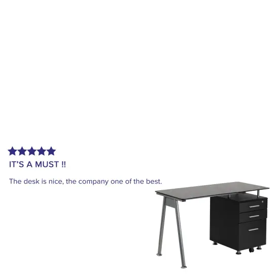 Emma and Oliver Computer Desk with Tempered Glass Top and Three Drawer Pedestal Black {4}