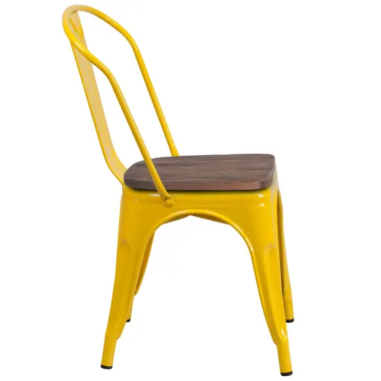 Merrick Lane Amsterdam Series Dining Chair - Blue Metal Frame - Textured Wooden Seat - Slatted, Curved Back Yellow {5}