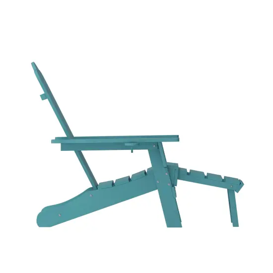 Merrick Lane Nassau Adirondack Chair with Cup Holder and Pull Out Ottoman, All-Weather HDPE Indoor/Outdoor Lounge Chair Blue {5}