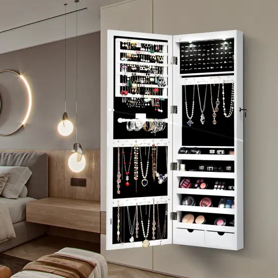 Lockable Wall Mount Mirrored Jewelry Cabinet with LED Lights White {2}