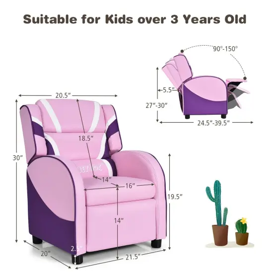 Kids Adjustable Recliner Chair with 2 Side Storage Pockets Ideal for Children Room or Home Theater Pink {3}