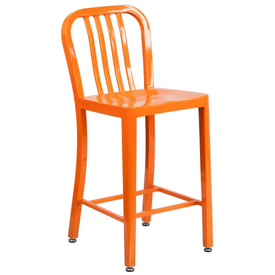 Merrick Lane Santorini Galvanized Steel Indoor/Outdoor Counter Bar Stool With Slatted Back And Powder Coated Finish Orange {1}
