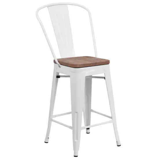 Merrick Lane Donnely Metal Dining Stool with Curved Slatted Back and Textured Wood Seat White {1}