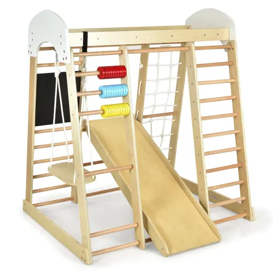 8-in-1 Multi-Functional Kids Wooden Climber Gym Playset Suitable for Indoor or Outdoor Space Natural {1}