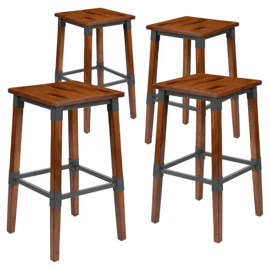 Merrick Lane Breton Backless Bar Height Stools with Steel Supports and Footrest - Set Of 4 Walnut Brown {1}