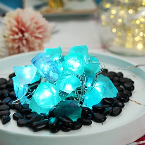 Natural Fluorite String Lights Battery Operated with Remote Sea Glass Raw Stones Decorative Lights 6.5ft 20 LEDs String Lights for Bedroom Party Indoor Christmas Wedding Decor {5}