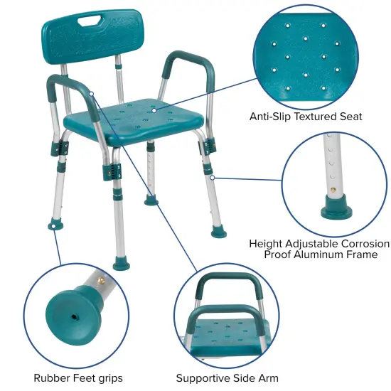 Emma and Oliver 300 Lb. Capacity Quick Release Back & Arm Shower Chair Teal {2}