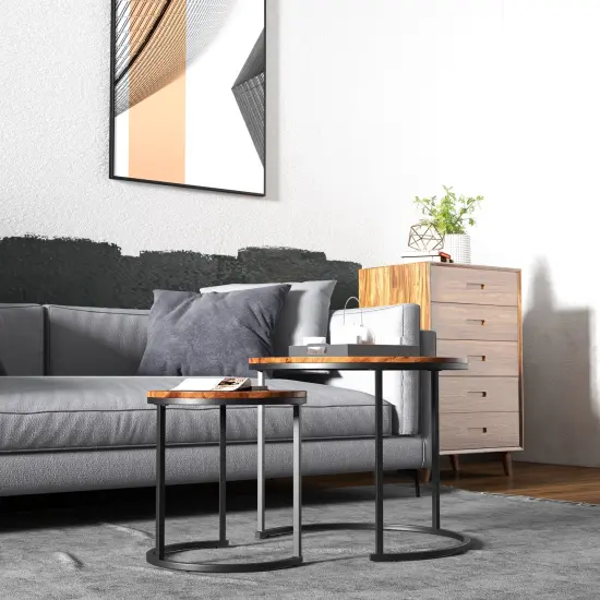 Set of 2 Modern Round Stacking Nesting Coffee Tables for Living Room Rustic Brown {2}