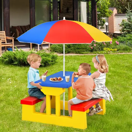 Kids Picnic Folding Table and Bench Set with Umbrella Yellow {2}