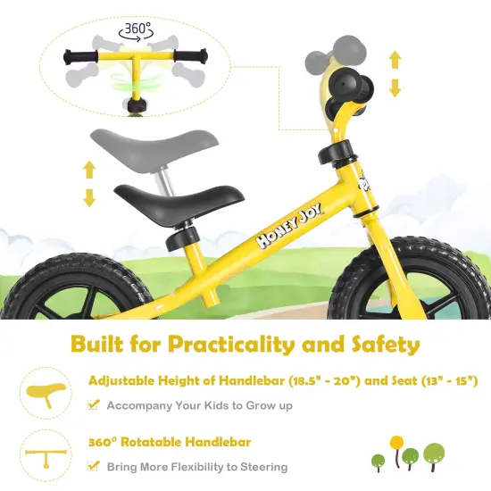Kids No Pedal Balance Bike with Adjustable Handlebar and Seat Yellow {4}