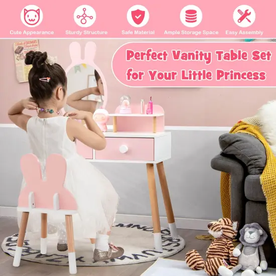 Kids Vanity Table and Chair Set with Drawer Shelf and Rabbit Mirror Pink {6}
