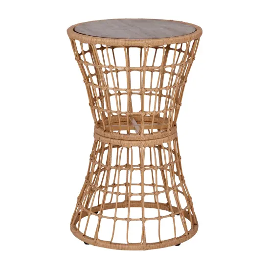 Emma and Oliver Ari All-Weather Faux Rattan Rope Patio Table with Acacia Wood Top for Indoor and Outdoor Use Natural {1}