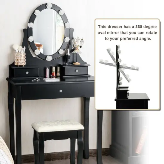 3 Drawers Lighted Mirror Vanity Dressing Table Stool Set {6}