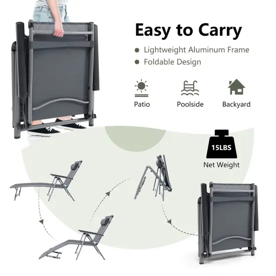 Costway Patio Folding Aluminum Lounge Chair Chaise Adjustable Back Armrest Headrest {6}