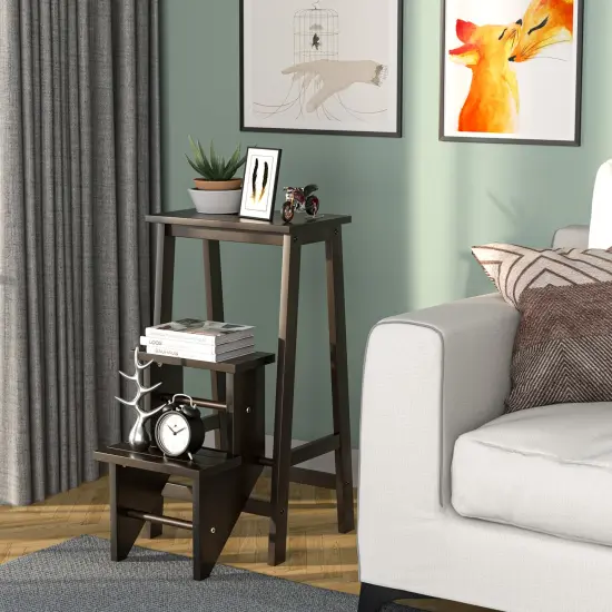 3-in-1 Rubber Wood 3 Tier Folding Step Stool Ladder Storage Shelf Brown {3}