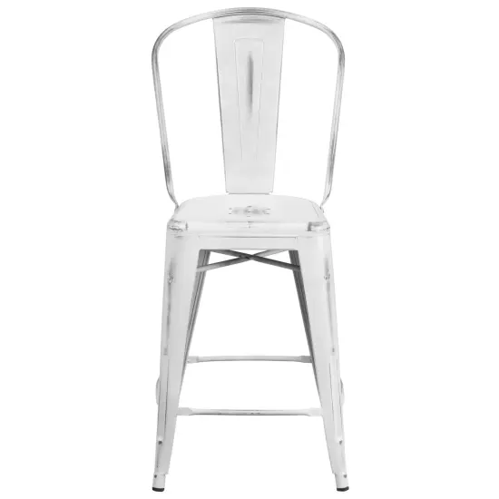 Merrick Lane Sabine Metal Indoor-Outdoor Counter Stool with Vertical Slat Back and Integrated Footrest White {3}